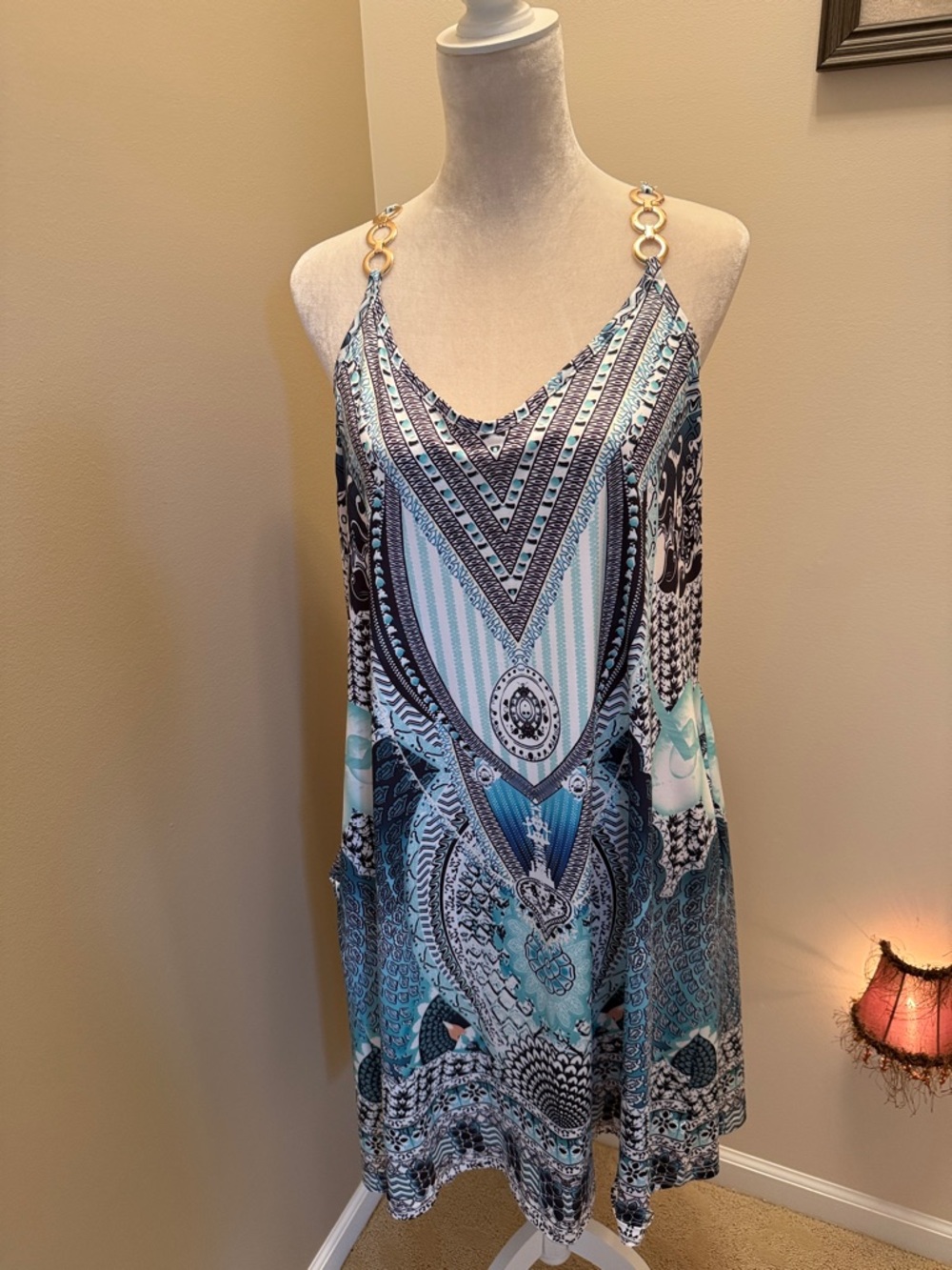 Aqua & Black Printed Maxi Dress with Chain Straps
